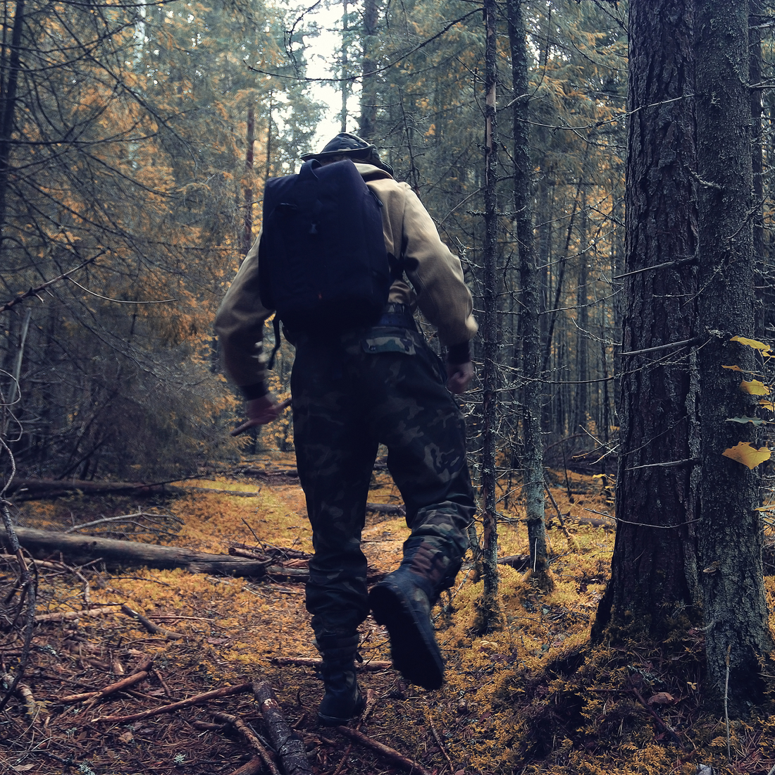Person hiking in camo trousers and backpack, surrounded by autumn forest, perfect for outdoor adventures.