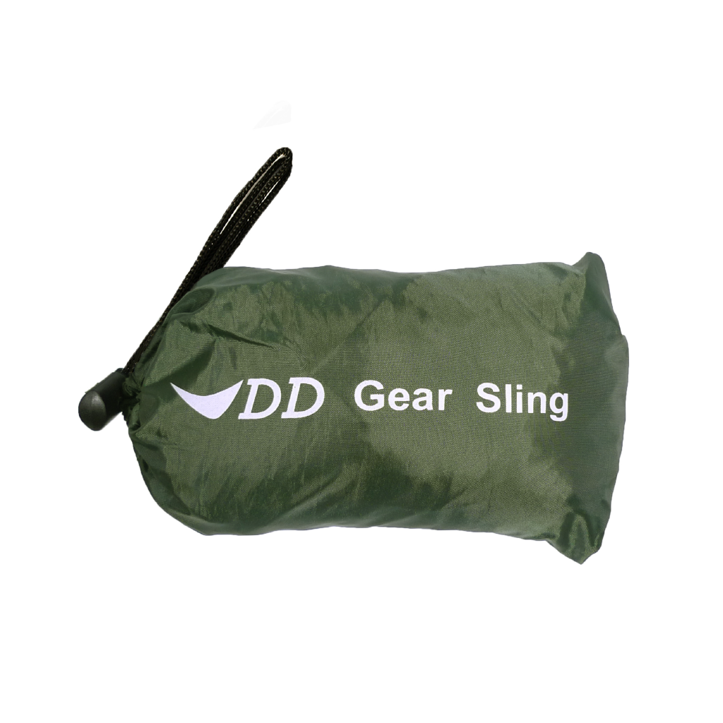 DD Gear Sling in green fabric pouch, ideal for keeping camping equipment organized and off the ground. DD Gear Sling in green fabric pouch, ideal for keeping camping equipment organized and off the ground.