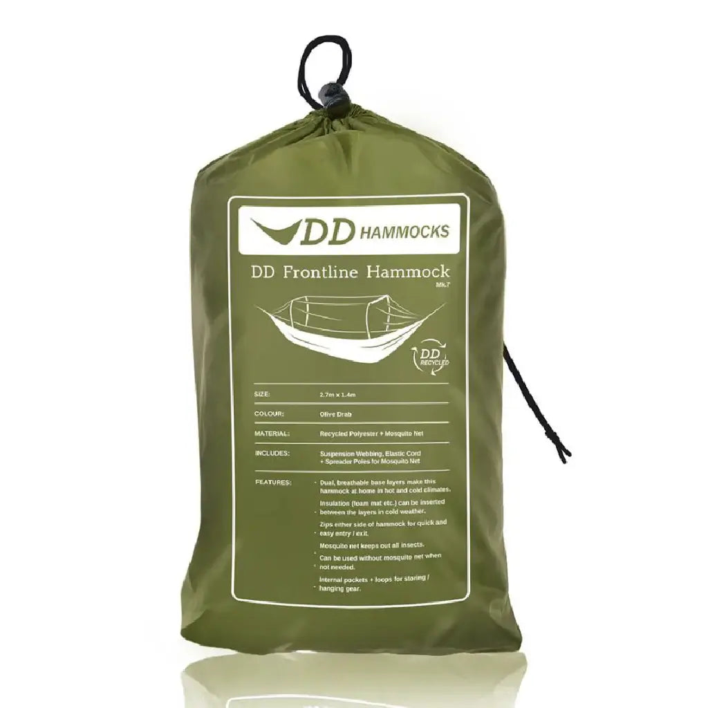 DD Recycled Frontline Hammock in a green storage bag, made from recycled plastic bottles for eco-friendly outdoor adventures. DD Recycled Frontline Hammock in a green storage bag, made from recycled plastic bottles for eco-friendly outdoor adventures.