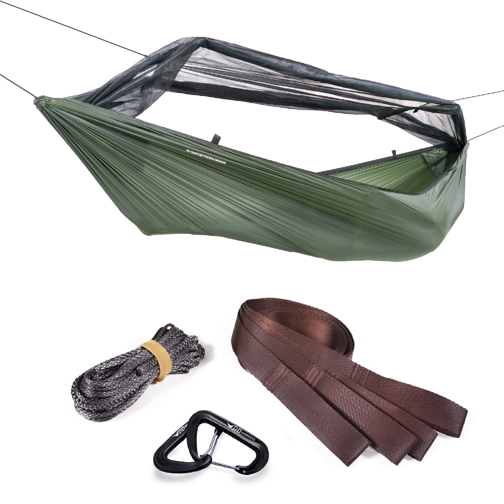 DD Superlight Frontline Hammock with suspension kit including carabiners and tree huggers, lightweight ripstop nylon. DD Superlight Frontline Hammock with suspension kit including carabiners and tree huggers, lightweight ripstop nylon.