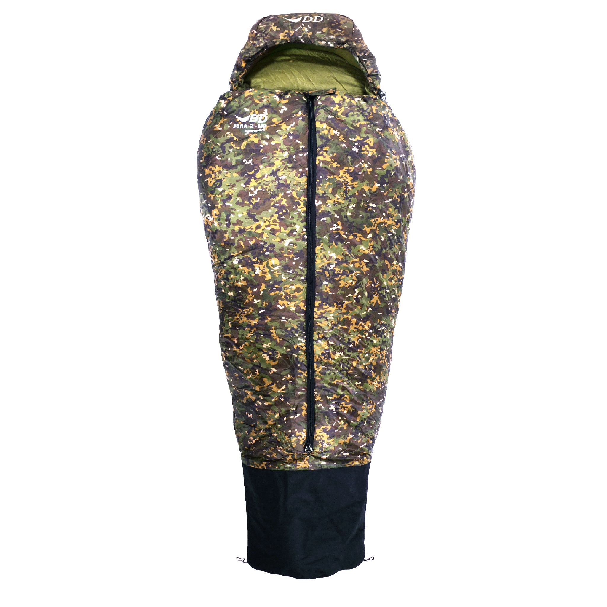 DD Jura 2 Sleeping Bag in camouflage pattern, ideal for hammock camping in temperatures down to -5°C.