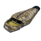 DD Hammocks Jura 2 Sleeping Bag in camouflage design, ideal for camping in hammocks and tents, waterproof foot box.
