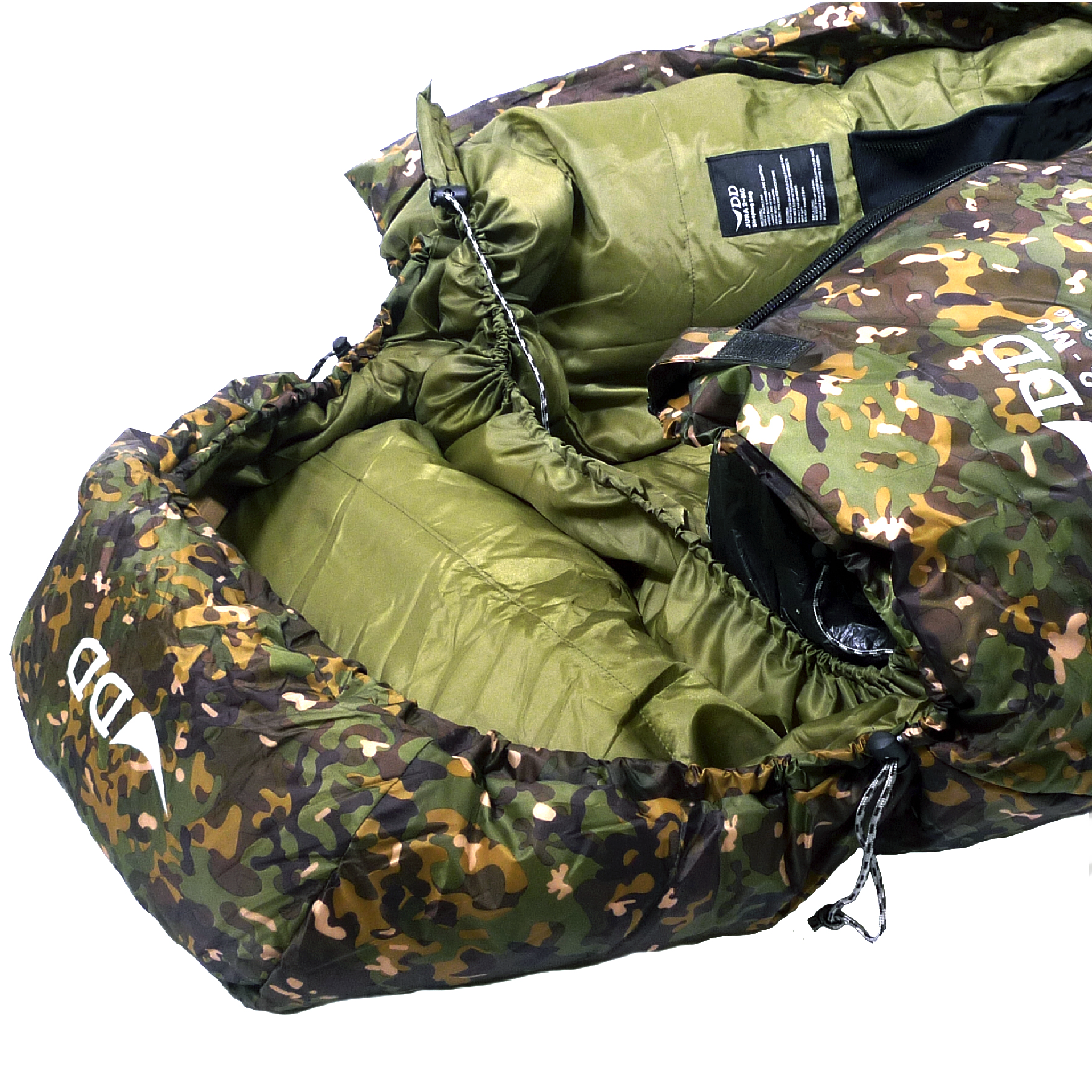 DD Jura 2 Sleeping Bag interior view showcasing camouflage design and comfort for hammock camping.