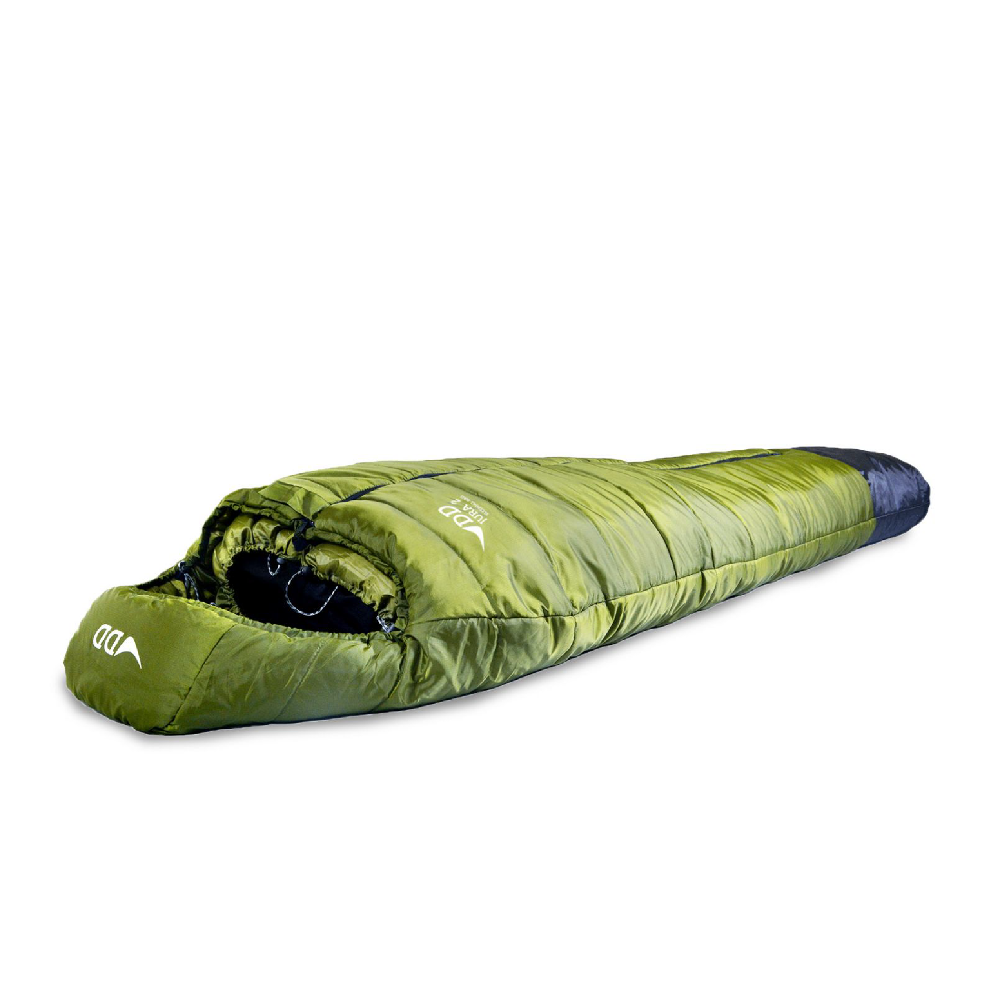 DD Hammocks Jura 2 Sleeping Bag in green, ideal for camping and hammock use, waterproof foot box and comfortable to -5°C.