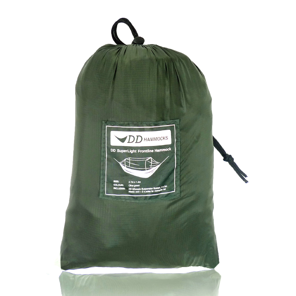 DD Superlight Frontline Hammock compact storage bag in green with branding and product details. DD Superlight Frontline Hammock compact storage bag in green with branding and product details.