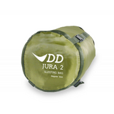 DD Jura 2 Sleeping Bag in storage bag, ideal for camping in hammocks and tents. Waterproof foot box included.