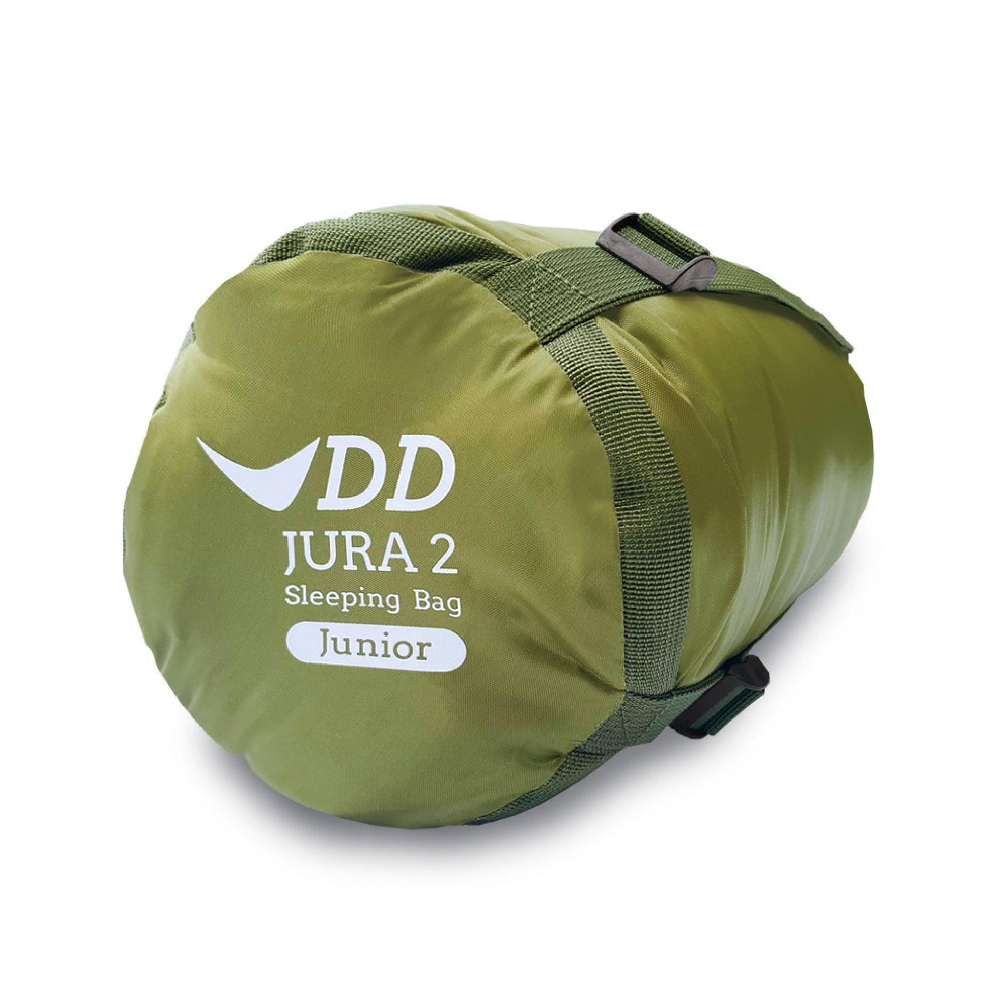 DD Jura 2 Junior Sleeping Bag in olive green, perfect for camping and hammock use.