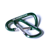 Two green DD Hammocks mini karabiners, ideal for connecting gear and lightweight use, measuring 5cm each.