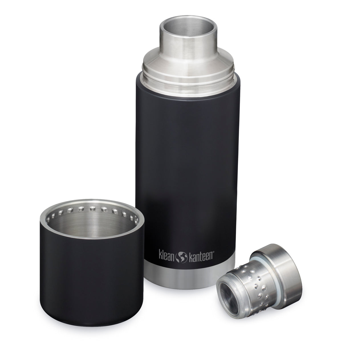 Klean Kanteen TKPro 750ml insulated thermal bottle in black showing pour-through cap design