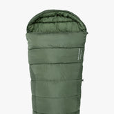 Lightweight Highlander Phoenix Spark 150 mummy sleeping bag in green, perfect for two-season camping.