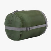 Highlander Ember 250 mummy sleeping bag packed in a lightweight green stuff sack for easy travel