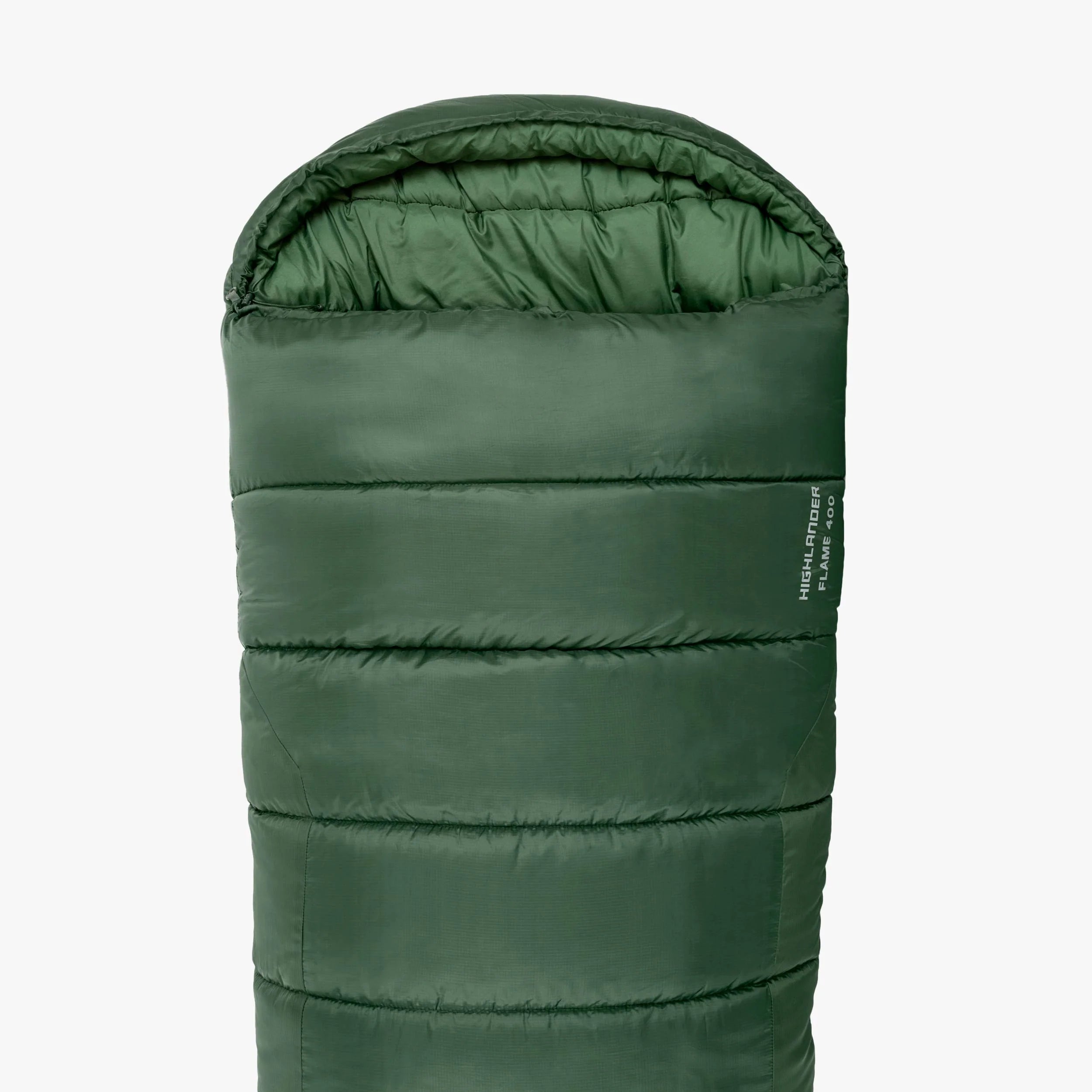 Close-up of the Highlander Phoenix Flame 400 mummy sleeping bag in green, showcasing its durable Ripstop shell. Close-up of the Highlander Phoenix Flame 400 mummy sleeping bag in green, showcasing its durable Ripstop shell.