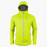 Bright yellow waterproof men's jacket with hood, perfect for unpredictable weather and outdoor activities.