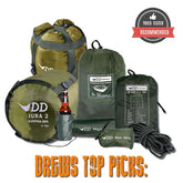 DD Hammocks gear collection featuring a sleeping bag, tarp, gear sling, and accessories for outdoor adventures.