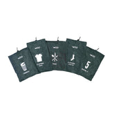 Set of five DD Organiser Bags for camping, labelled for rubbish, food, and clothing, made from lightweight Superlight Tarp material.