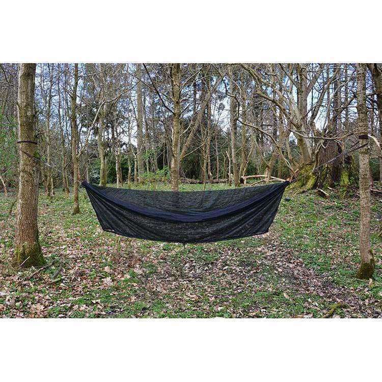 DD Hammocks Superlight Mosquito Net set up in a forest setting, providing insect protection for camping. DD Hammocks Superlight Mosquito Net set up in a forest setting, providing insect protection for camping.