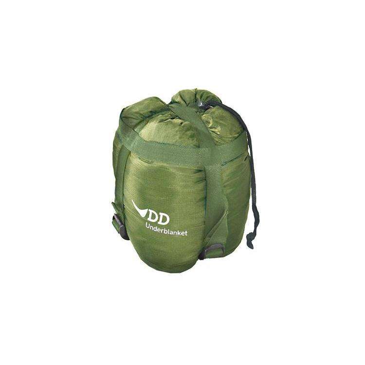 DD Hammocks Underblanket in a compact, green storage bag for outdoor camping comfort. DD Hammocks Underblanket in a compact, green storage bag for outdoor camping comfort.