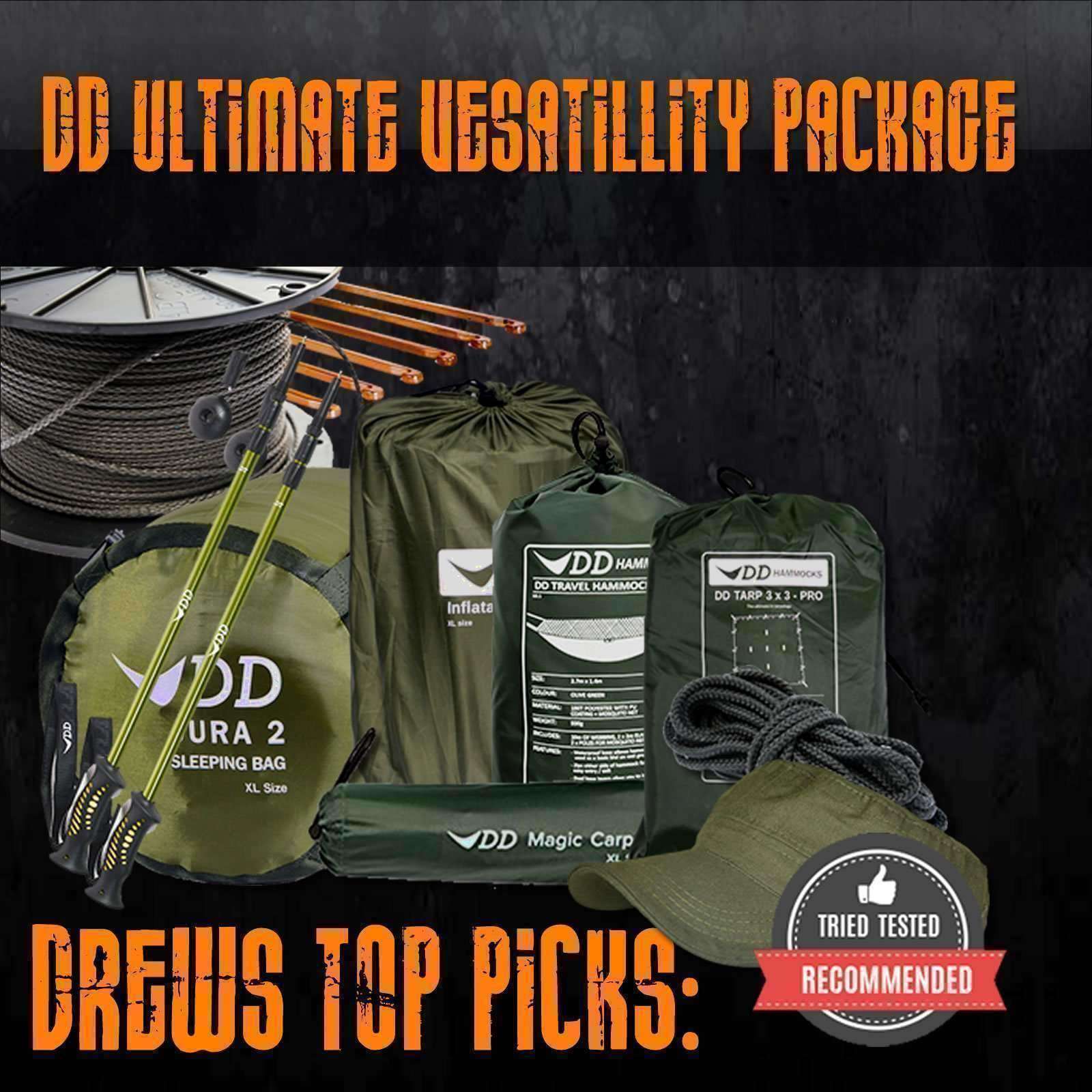 DD Ultimate Versatility Package featuring DD Hammocks, sleeping bag, and camping gear for comfortable adventures. DD Ultimate Versatility Package featuring DD Hammocks, sleeping bag, and camping gear for comfortable adventures.