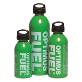 A set of four green Optimus Fuel bottles with black caps, labeled with the brand name and capacity in liters.
