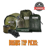 Ground Dwellers Package featuring DD Hammocks gear including tarp, sleeping bag, and inflatable mat.