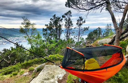 DD Frontline hammock in use nin a woodland setting next to a scottish loch 