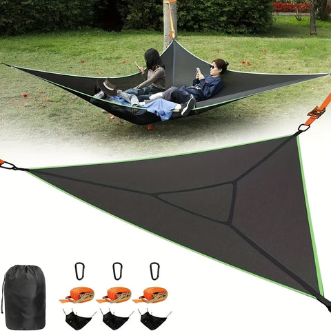 1Pc Triangle Hammocktriangle Camping Hammock for 2-3 People, Tree Hammock with 3 Mesh Bags, Portable for Outdoor Trips