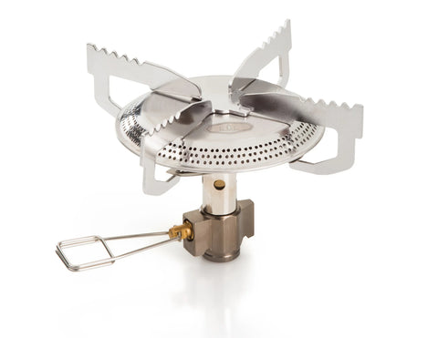 GSI Glacier camp stove detached showing stainless steel burner head and pot support arms
