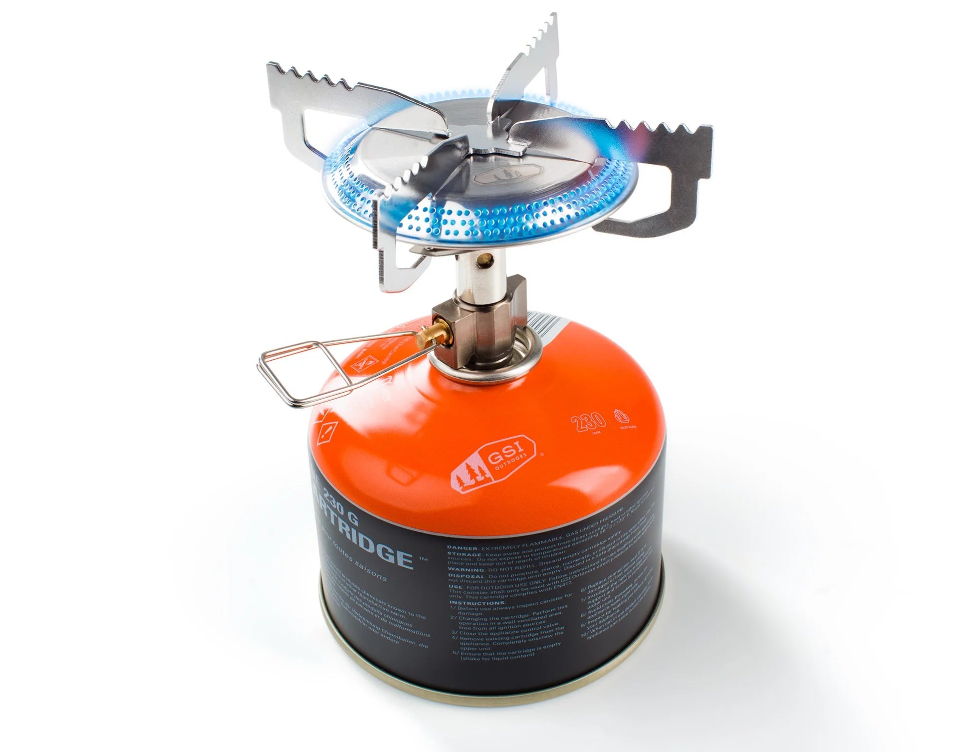 GSI Glacier stove with orange pot demonstrating cooking setup