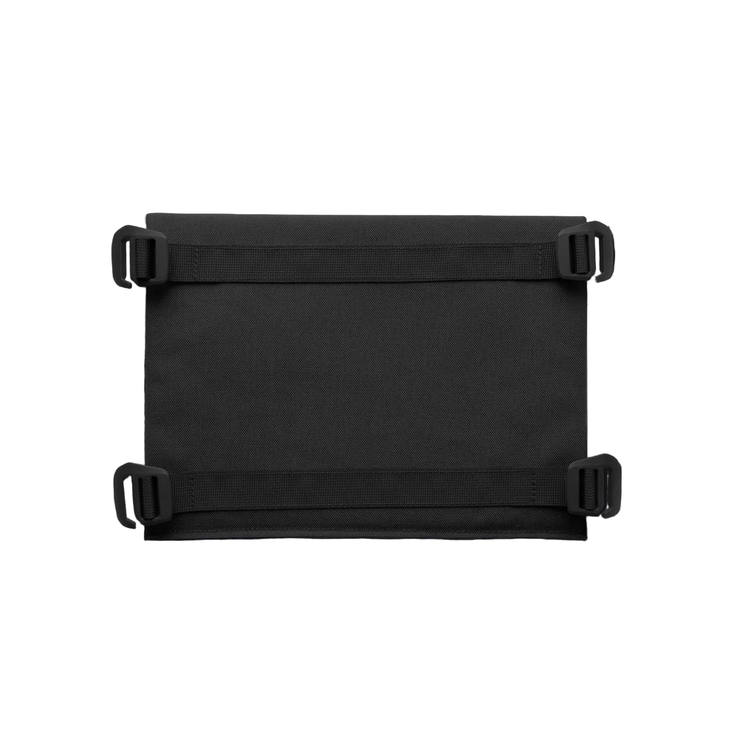 Black rectangular bag with straps on a black background