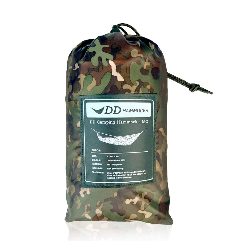 DD Hammocks Camping Hammock in camouflage storage bag, lightweight and durable for outdoor adventures.