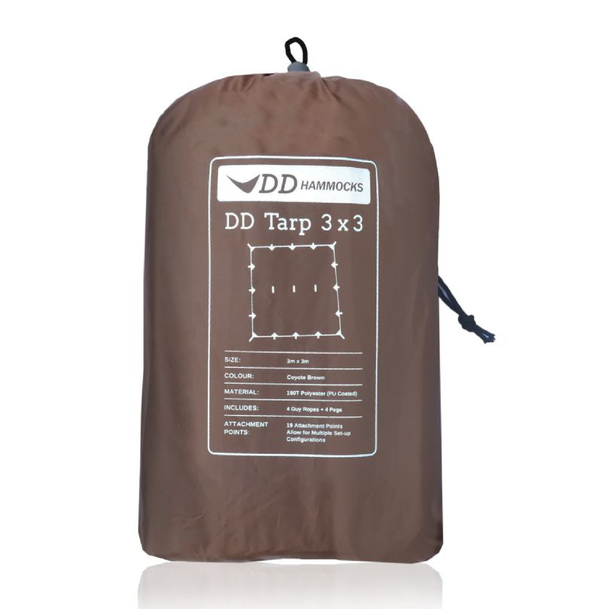 DD Hammocks 3x3 Tarp in a brown storage bag with key features listed on the front.