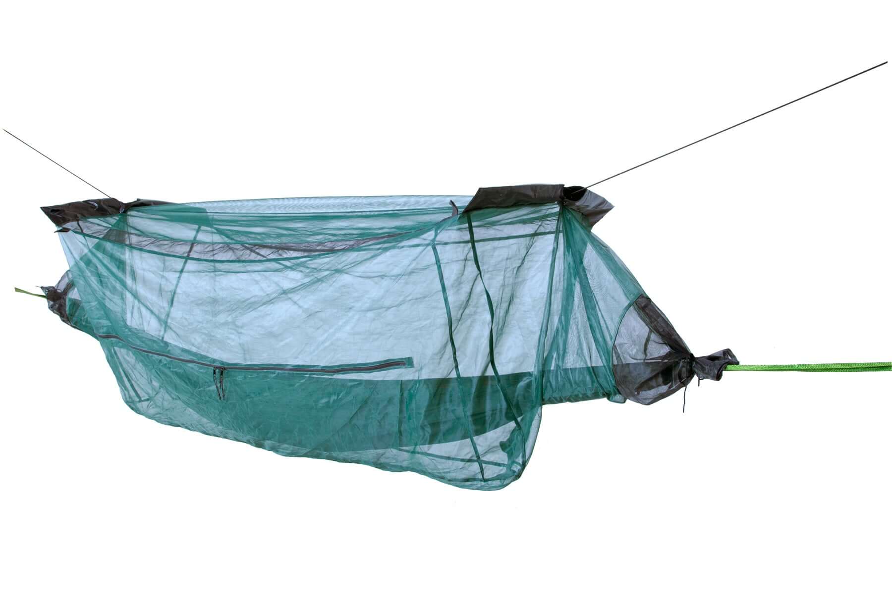 Bushmasters Hammock Mosquito Net with zippered entry and suspender poles for insect protection in outdoor settings.
