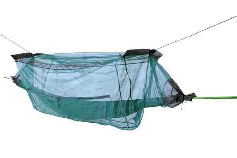 Bushmasters Hammock Mosquito Net with zippered entry and suspender poles for insect protection in outdoor settings.