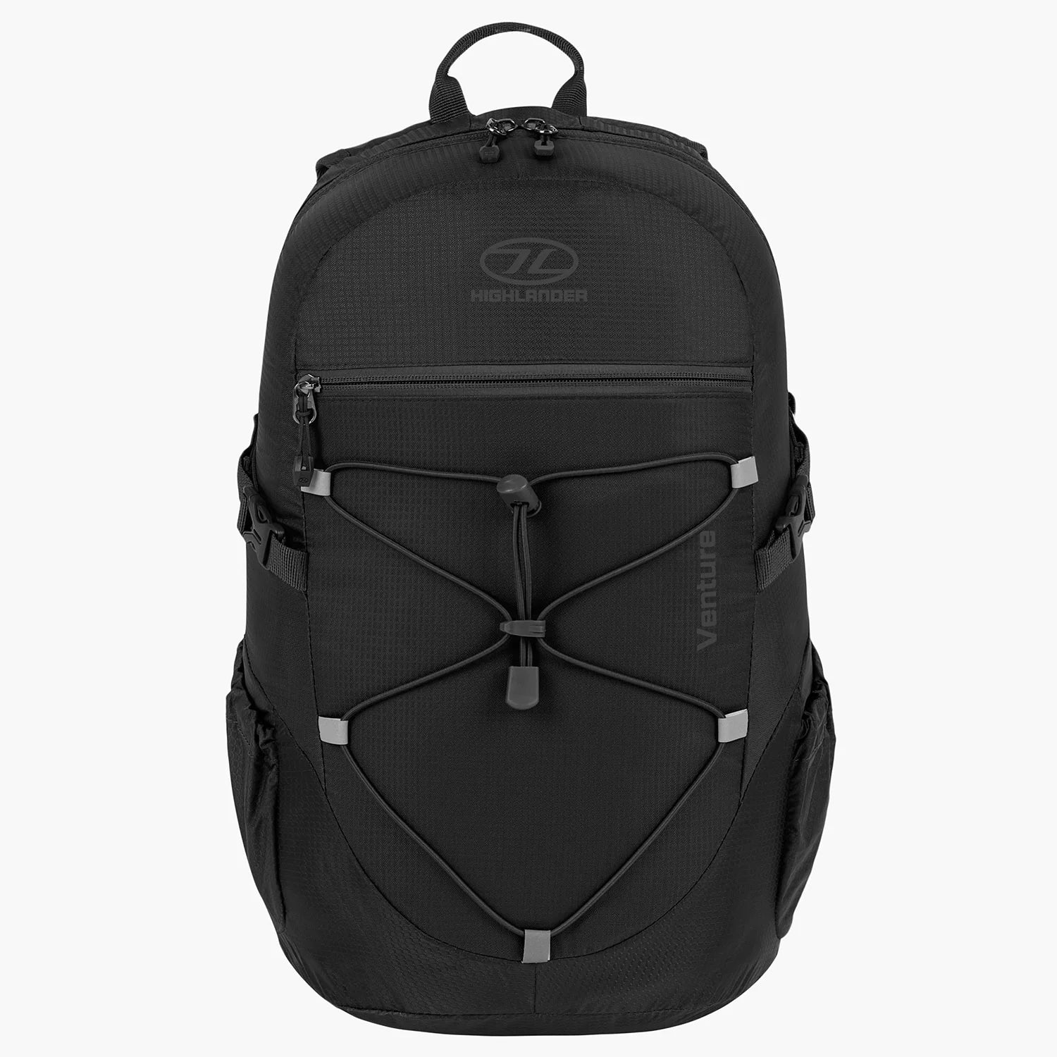 Highlander's Venture Backpack 20L, durable black rucksack with drawcord system and hydration compatibility.
