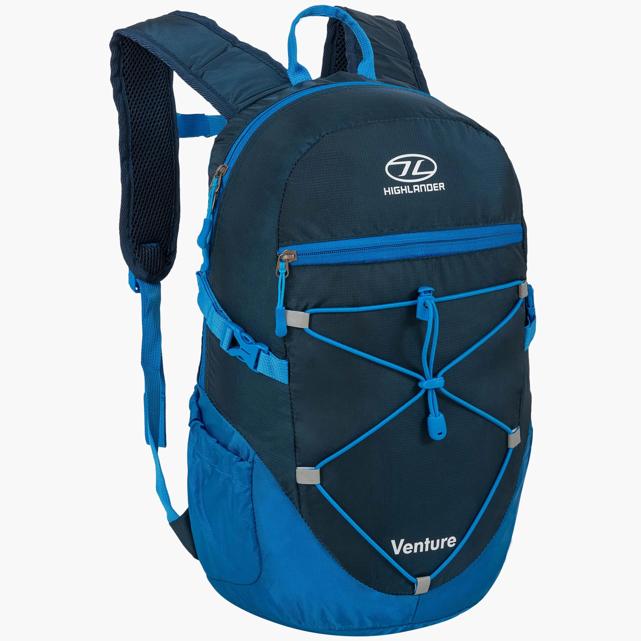 Highlander Venture Backpack 20L in blue with drawcord system for gear storage, padded back, and hydration compatibility.