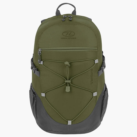 Highlander Venture Backpack 20L in olive green, designed for day trips with hydration compatibility and durable construction.
