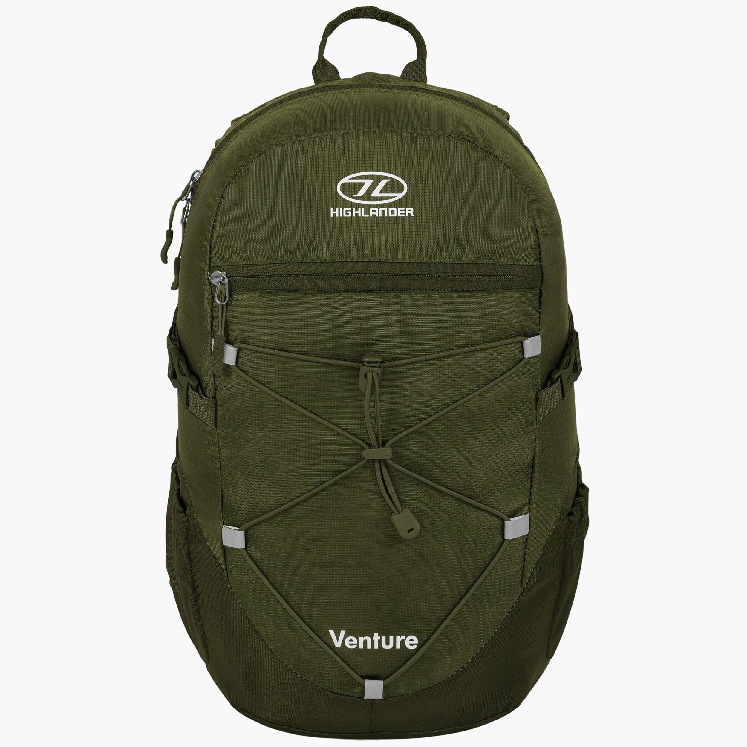 Highlander Venture Backpack 20L in olive green with drawcord system and water-resistant features.