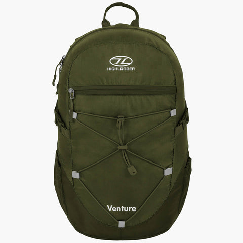 Highlander Venture Backpack 20L in olive green with drawcord system and water-resistant features.
