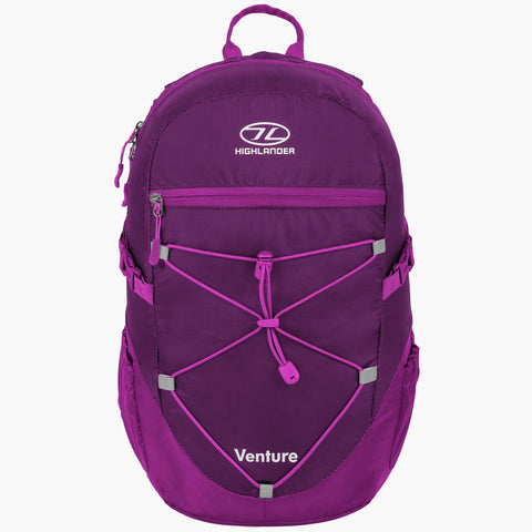 Highlander Venture Backpack 20L in purple, featuring drawcord system and hydration compatibility for day trips.