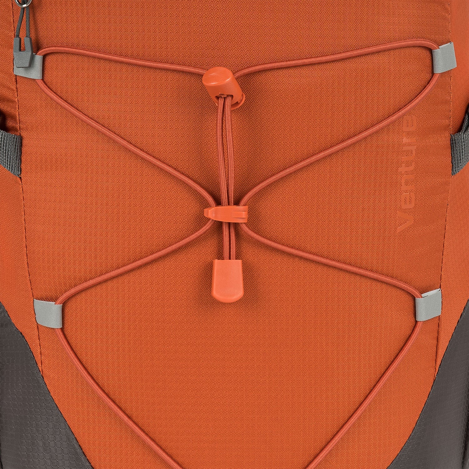 Close-up of Highlander's Venture Backpack drawcord system for securing gear during outdoor adventures.