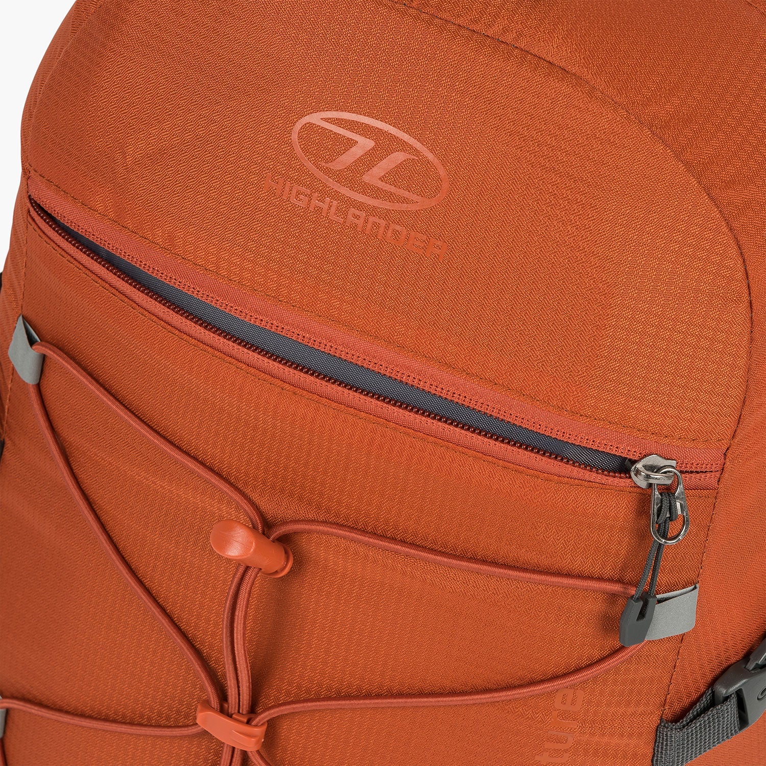 Highlander Venture Backpack 20L in bright orange with a front pocket and drawcord system for gear storage.