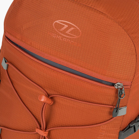 Highlander Venture Backpack 20L in bright orange with a front pocket and drawcord system for gear storage.