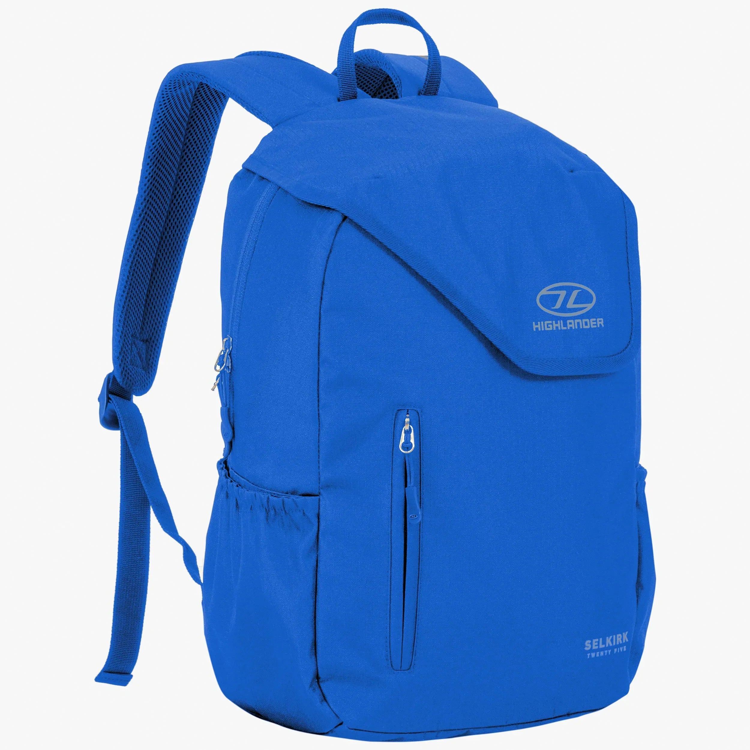 Selkirk 25L blue backpack with padded straps, ideal for commuting or school, featuring side pockets and main compartment.
