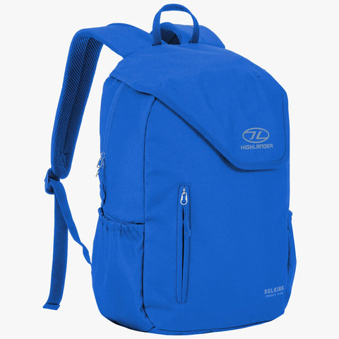 Selkirk 25L blue backpack with padded straps, ideal for commuting or school, featuring side pockets and main compartment.