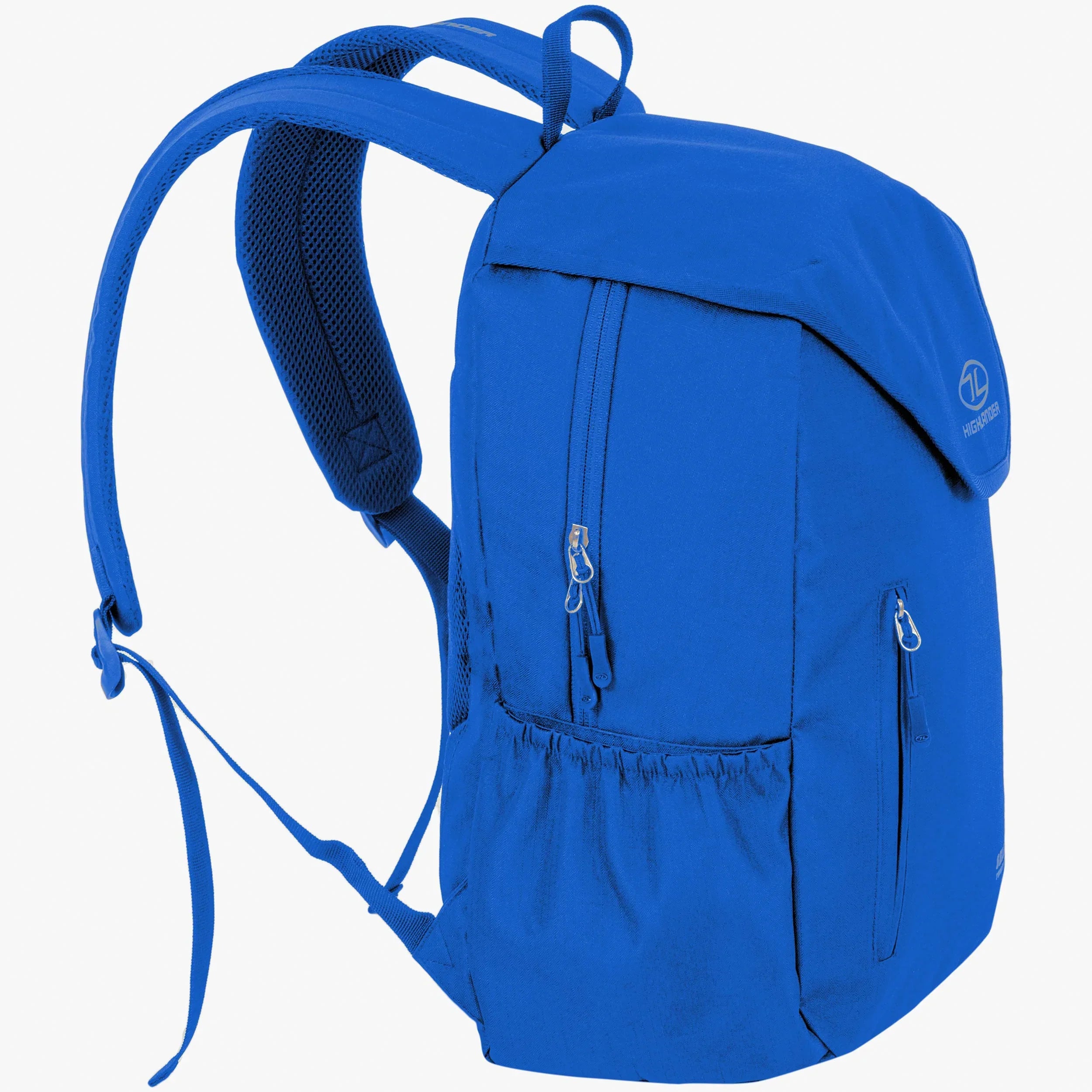 Blue Selkirk 25L Backpack features padded straps, main compartment, and side pockets for water bottles.