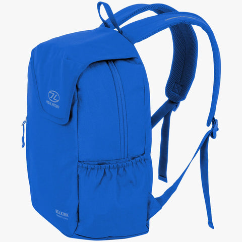 Selkirk Backpack 25L in vibrant blue, ideal for daily commutes and school, featuring padded straps and side stretch pockets.