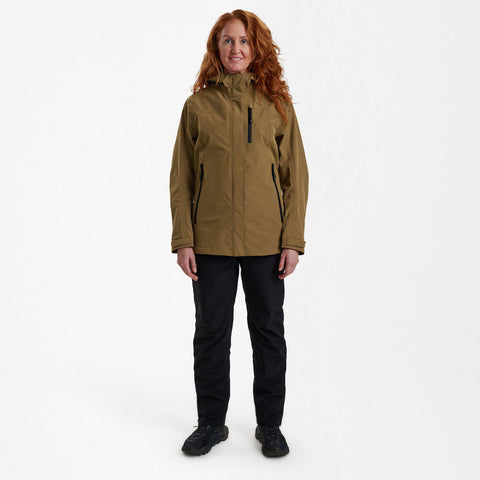 Lady Sarek Shell Jacket with hood in earthy tone, featuring waterproof design for outdoor comfort and protection.