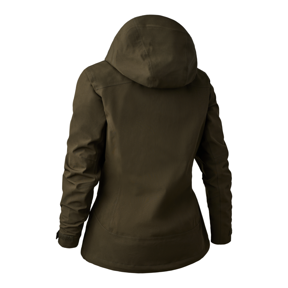 Back view of the Lady Sarek Shell Jacket with hood, waterproof and breathable, ideal for outdoor activities.