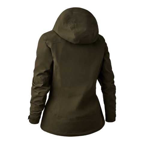Back view of the Lady Sarek Shell Jacket with hood, waterproof and breathable, ideal for outdoor activities.
