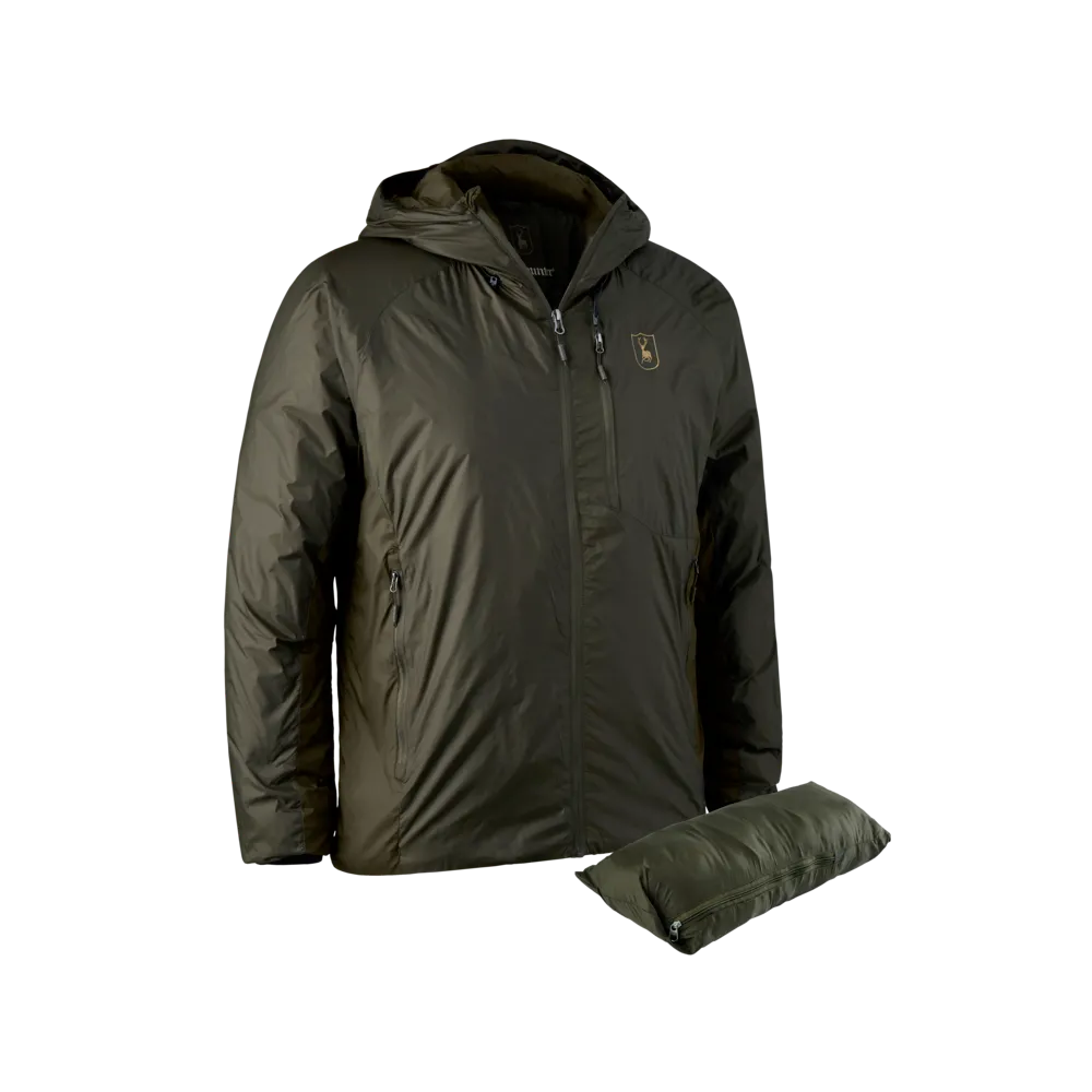 Deerhunter Men's Packable Jacket Deep Green Hunting, Jacket on sale at Wylie's Outdoor World UK (Front View with Hood)